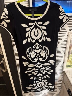 INC International Concepts Black Midi Dress with White Embroidered Motif